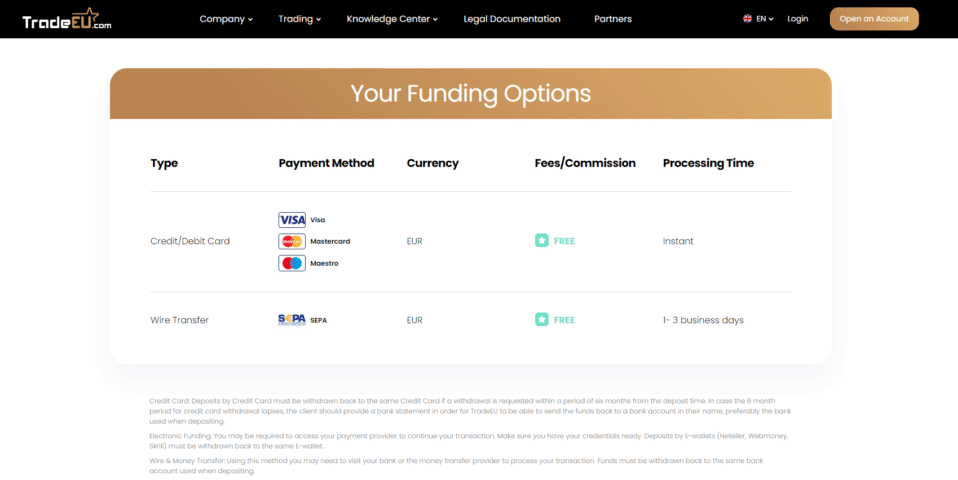 TradeEU Deposit and Withdrawal